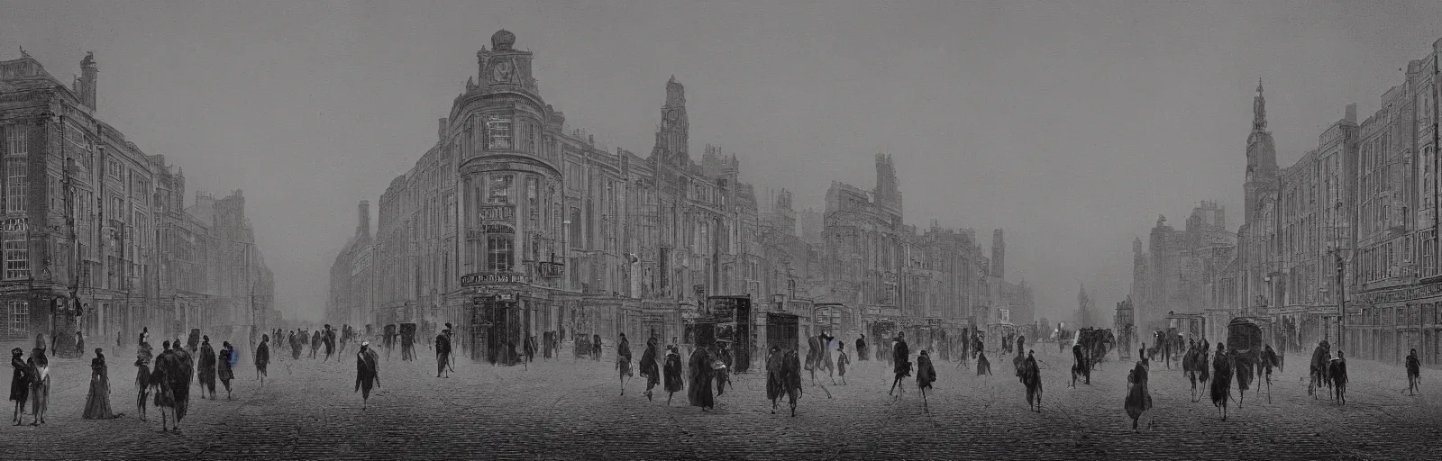 Image similar to London street september 6th, 1875, at night time, wideshot, cinematic