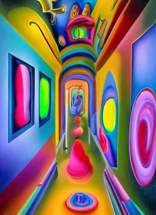 Prompt: an extremely high quality hd surrealism painting of a 3d slow-shutter galactic neon complimentary colored cartoon surrealism melting optical illusion hallway by kandsky and salviadoor dali the seventh, salvador dali's much much much much more talented painter cousin, 4k, ultra realistic, super realistic, so realistic that it changes your life