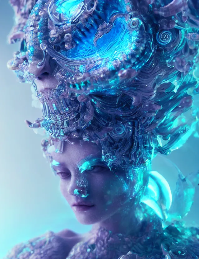 Image similar to goddess macro close - up portrait wigh crown made of ram skull. betta fish, jellyfish phoenix, bioluminiscent, plasma, ice, water, wind, creature, super intricate ornaments artwork by tooth wu and wlop and beeple and greg rutkowski