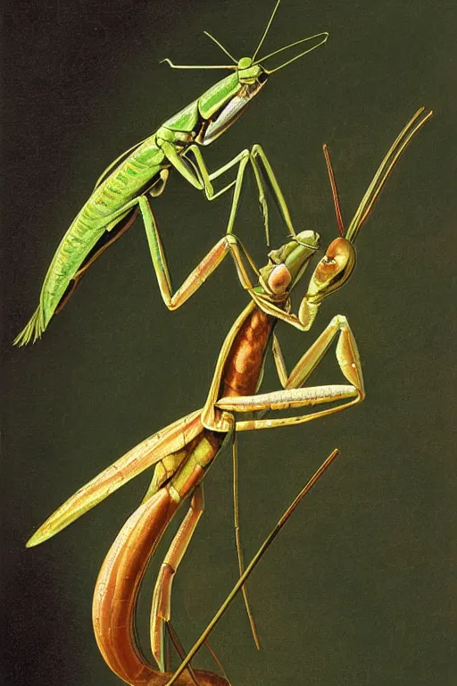 Prompt: praying mantis on saxaphone, by pierre - joseph redoute