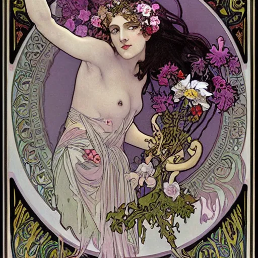 Prompt: persephone as goddess of death and flowers, dark atmosphere, painted by alphonse mucha