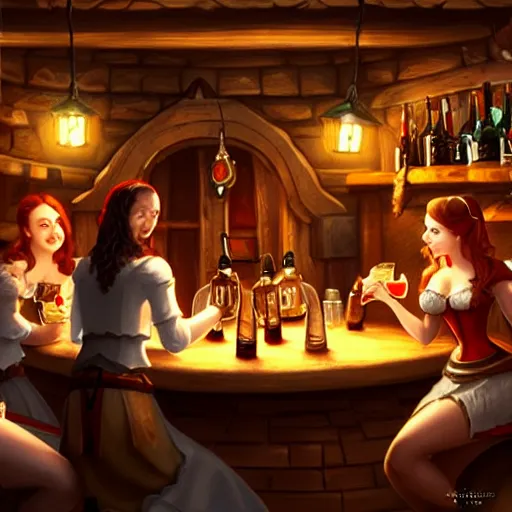 Image similar to medieval tavern with barmaid and patrons drinking, artstation, fantasy