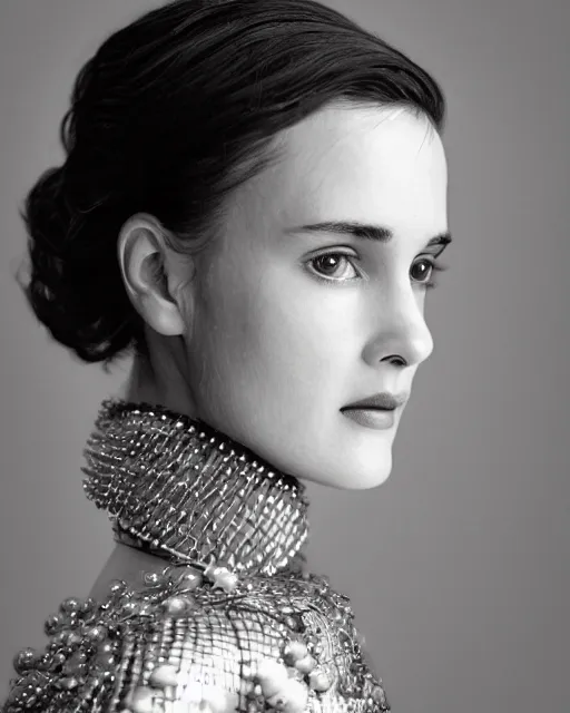 Image similar to young winona ryder wearing a futuristic metal kimono, half body portrait, greg kutkowski, sharp details, soft lighting, subsurface scattering, pearls of sweat, glistening skin, warm lighting