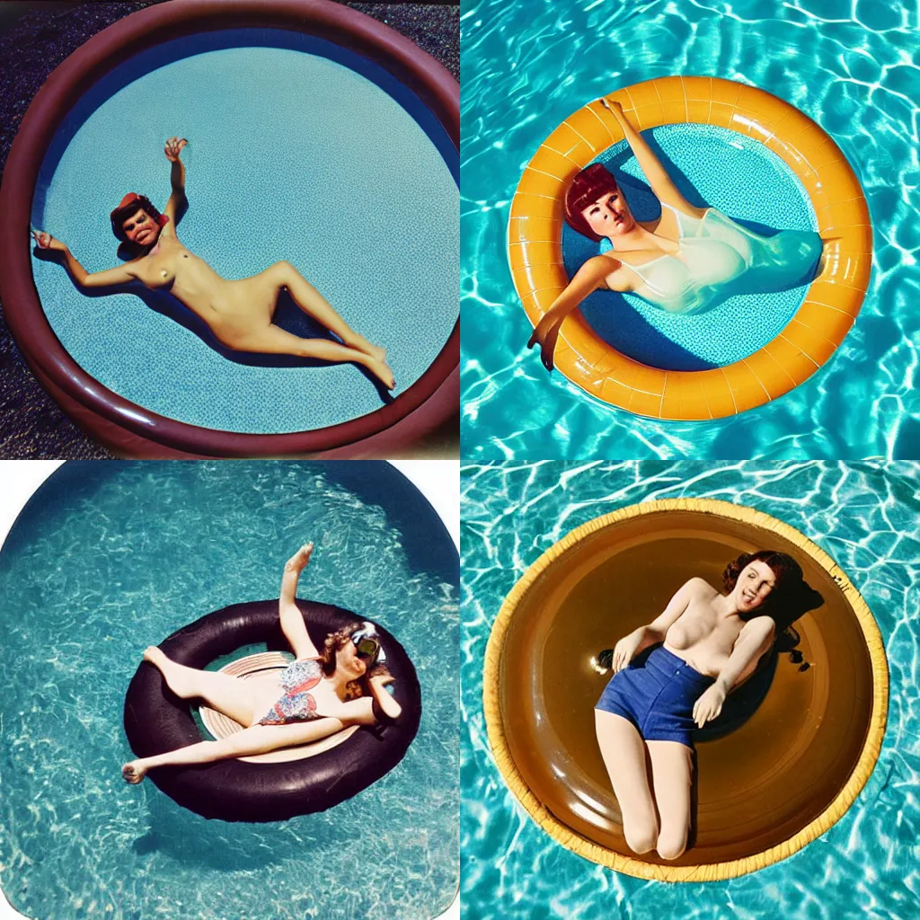 Prompt: Beautiful retro woman floating on a circular raft in a pool, vintage polaroid photo, overhead shot, depth of field, hyperrealistic, 1960s