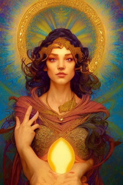 Image similar to portrait of a beautiful sorceress by artgerm, vivid color, complementary color, golden ratio, detailed, sharp lines, sharp focus, intricate, rainbowshift, by maxfield parrish, by peter mohrbacher, by gustave dore, by alphonse mucha, deviantart, octane render