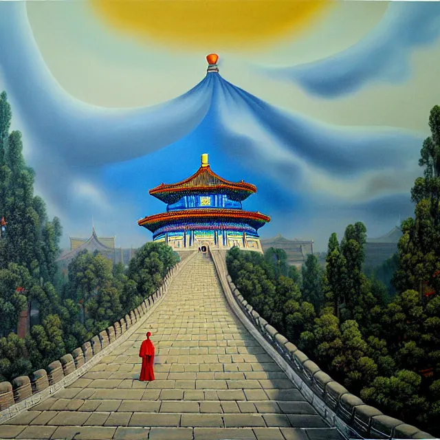 Image similar to a beautiful painting cyberpunk beijing imperial palace, temple of heaven, great wall, by salvador dali realistic oil painting