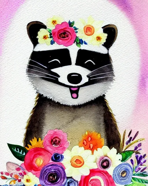 Prompt: a painting of a smiling anthropomorphic raccoon wearing a flower crown, a watercolor painting by annabel kidston, a storybook illustration, trending on pinterest, rococo, muted colors, soft colors, low saturation, smooth, made of flowers, watercolor, intricate, whimsical, white paper, minimalist, simple