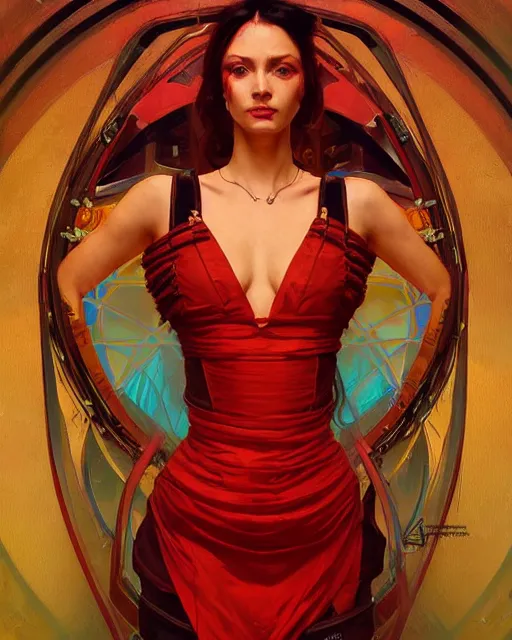 Prompt: portrait of a beautiful cyberpunk woman wearing a red salsa dress, beautiful symmetrical face, golden, fantasy, regal, by stanley artgerm lau, greg rutkowski, thomas kindkade, alphonse mucha, loish, norman rockwell.