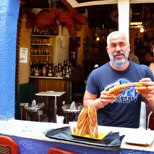 Prompt: thanos from mcu eating a churros at a bar in tharros ( sardinia )