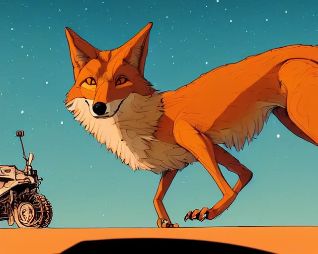 Image similar to a study of cell shaded cartoon of a mechanical coyote on a desert road, in front of a big moon illustration, wide shot, subtle colors, post grunge, concept art by josan gonzales and wlop, david rubin, mike mignola, laurie greasley, highly detailed, sharp focus, trending on artstation, hq, deviantart, art by artgem