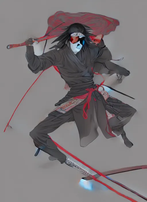 Image similar to anime ninja scroll, tall samurai turned back with long katana, masterpiece, highly detailed, artstation, concept art, mutud colors, soft lights, foggy, by yoshiaki kawajiri, by yousuke kabashima, by toshiyuki inoue, by atsushi takeuchi, by masanori takahashi, by kazuo koike