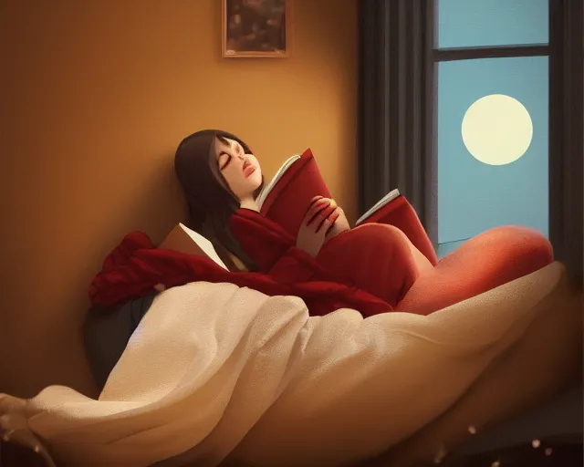 Image similar to a realistic beautiful warm matte painting of a woman curled up with a blanket reading a good book next to her friendly cat who is purring with eyes closed. they are both sitting next to a window as the sun sets in winter, by ilya kuvshinov, crisp, detailed, trending on artstation