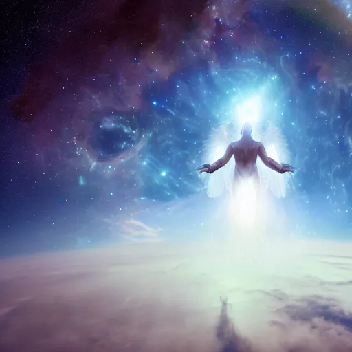 Prompt: a giant angel holding the world in the palm of its hand standing in front of the galaxy, 4 k, unreal engine 6, ultra realistic, coherent,