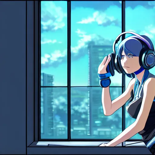 Image similar to cyborg - girl with silver hair, wearing headphones, and sitting on a window sill, highly detailed, painting, dark blue and black color palette, intricate, high quality anime artstyle, in the style of makoto shinkai