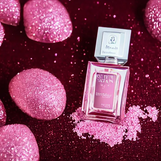 Prompt: a bottle of Kilian perfume, Kilian Love Don't Be Shy, the bottle of perfume is laying on pink sugar crystals, high resolution photo,