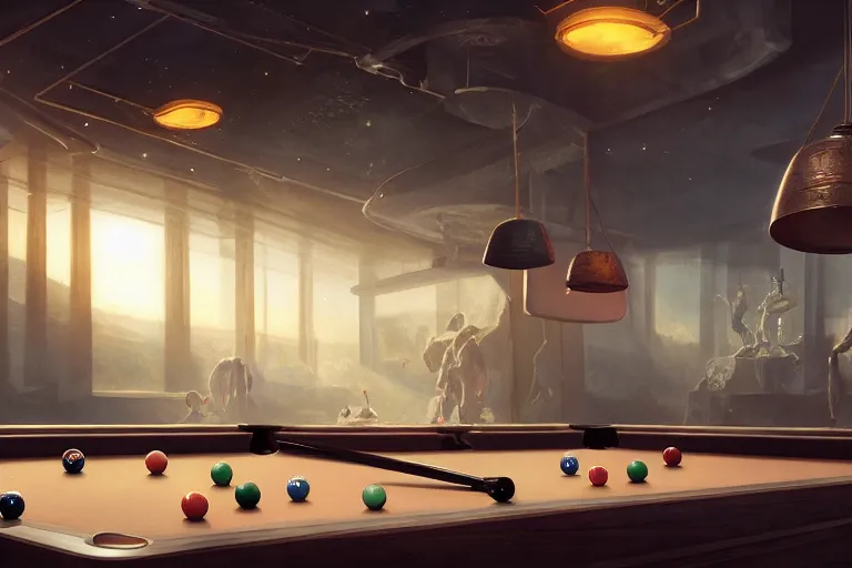 Prompt: a billiards table with planets for balls, matte painting, long shot, concept art, wide shot, digital art, trending on artstation, 4 k, extremely detailed, realistic, midday, warm colors, golden sunlight, by greg rutkowski, cinematic, epic