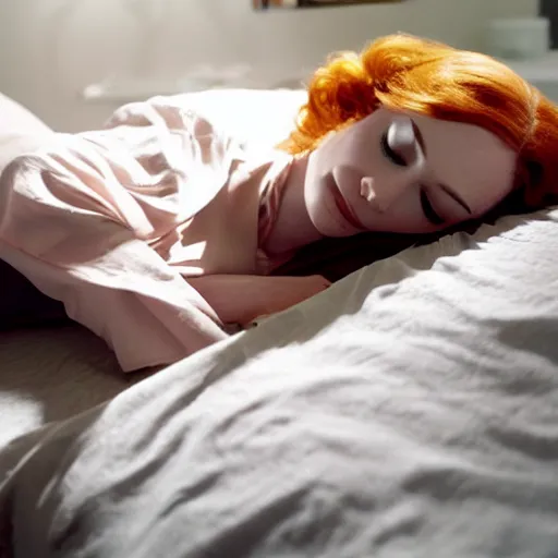 Image similar to christina hendricks sleeping on bed,