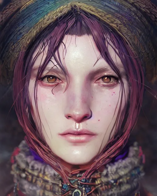 Image similar to portrait of a village witch, beautiful, fantasy, colorful, cinematic lighting, artstation, trending, highly detailed, focus, smooth, by hirohiko araki and yoshitaka amano