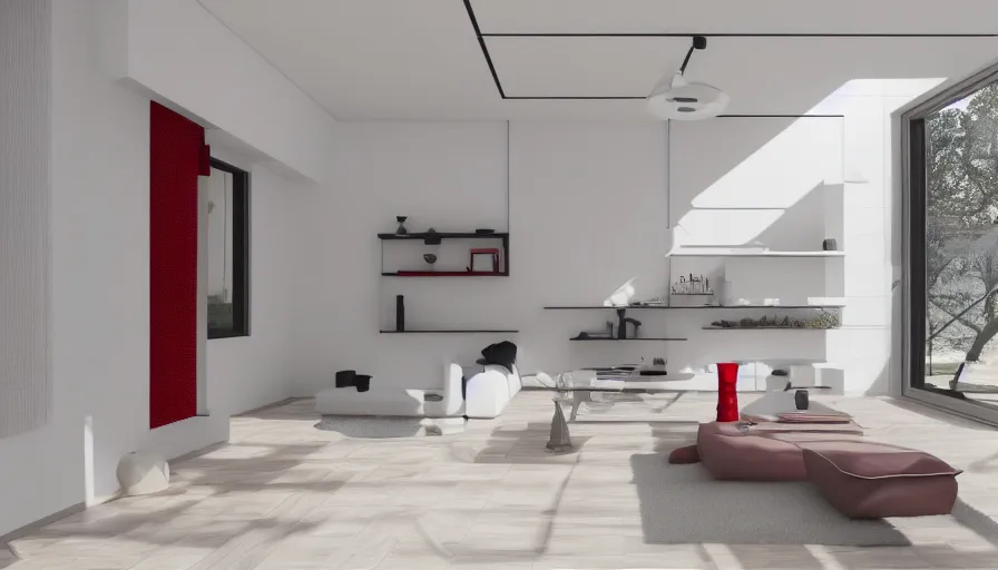 Image similar to interior photo of a ceramic tile house, octane render, minimalism, white and red colour palette