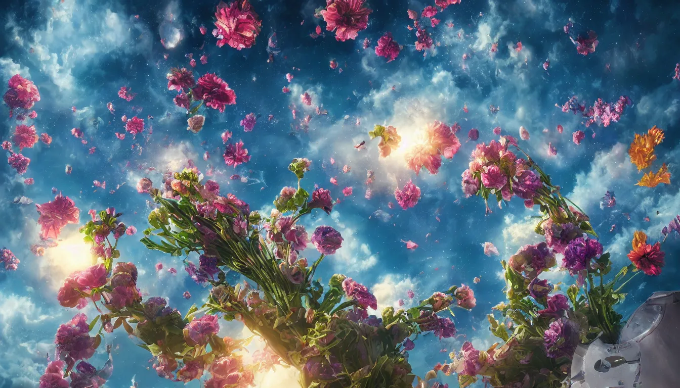 Image similar to An epic fantastic realism comic book style painting of the most beautiful flowers launched into space, bouquets, fisheye lens, unreal 5, DAZ, hyperrealistic, octane render, dynamic lighting