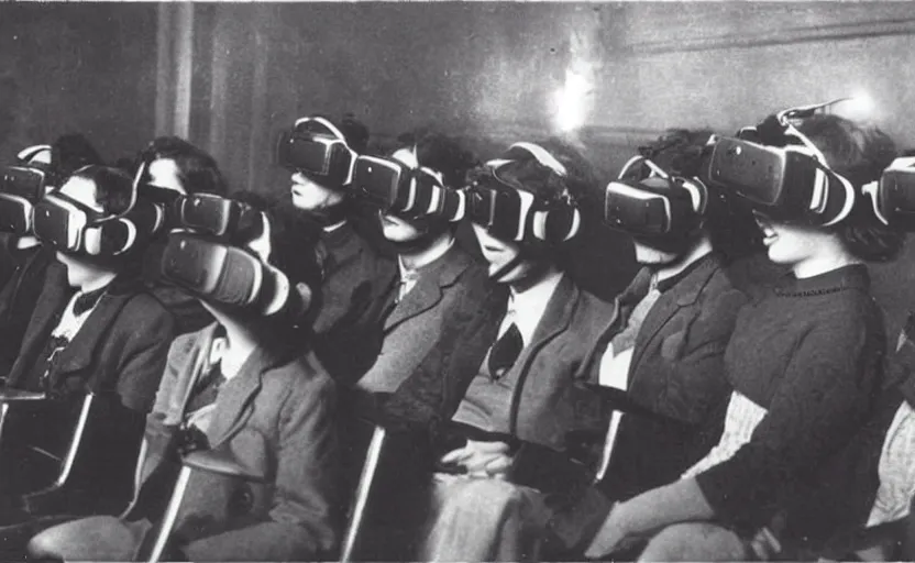 Prompt: 1 9 0 0 s photo of people wearing virtual reality headsets vr in a movie theater masterpiece