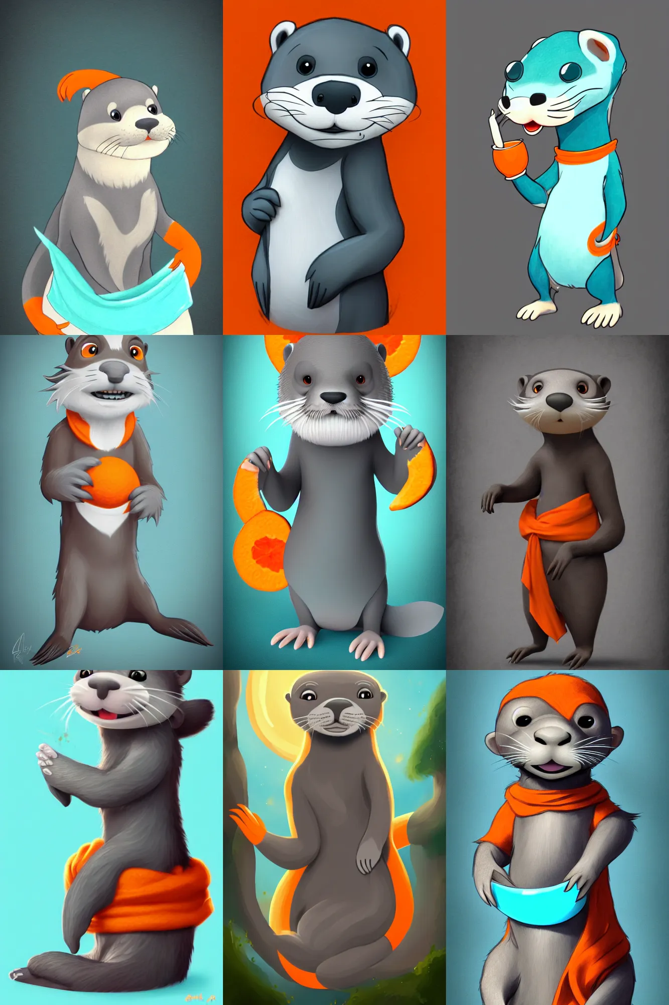 Prompt: male grey anthropomorphic otter with turquoise hair and orange nose and white tummy, artstation, fantasy, disney