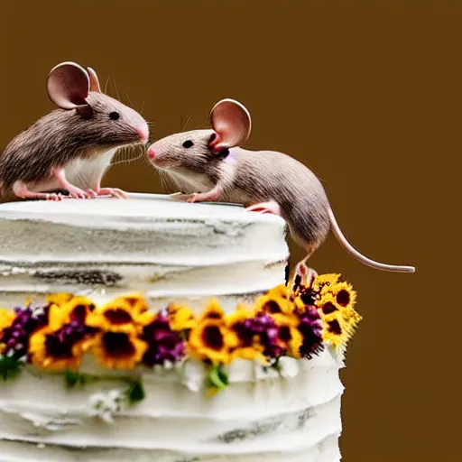 Prompt: 2 mice dancing on top of a 4 layered wedding cake, award winning, national geographic, macro shot