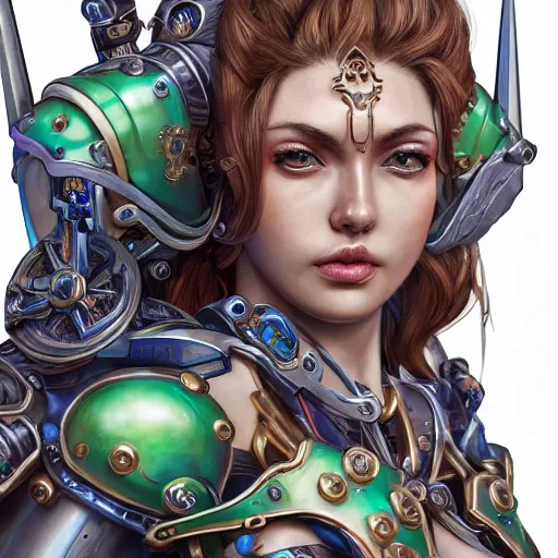 Image similar to studio portrait of lawful good colorful female holy mecha paladin absurdly beautiful, elegant, young sensual graceful woman, ultrafine hyperrealistic detailed face illustration by kim jung gi, irakli nadar, intricate linework, sharp focus, bright colors, matte, octopath traveler, final fantasy, unreal engine highly rendered, global illumination, radiant light, intricate environment