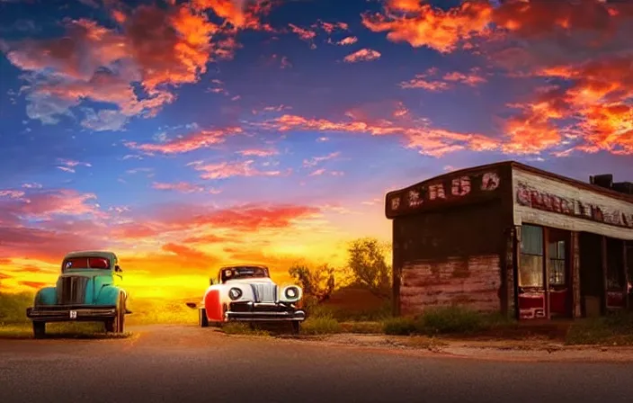 Image similar to A beautiful colorful evening scene of route66, old road with abandoned gas station and rusty old pickup truck, hyper realistic, blinding backlight evening sun, sparkling sun rays, epic scene, intense setting, evening vibe