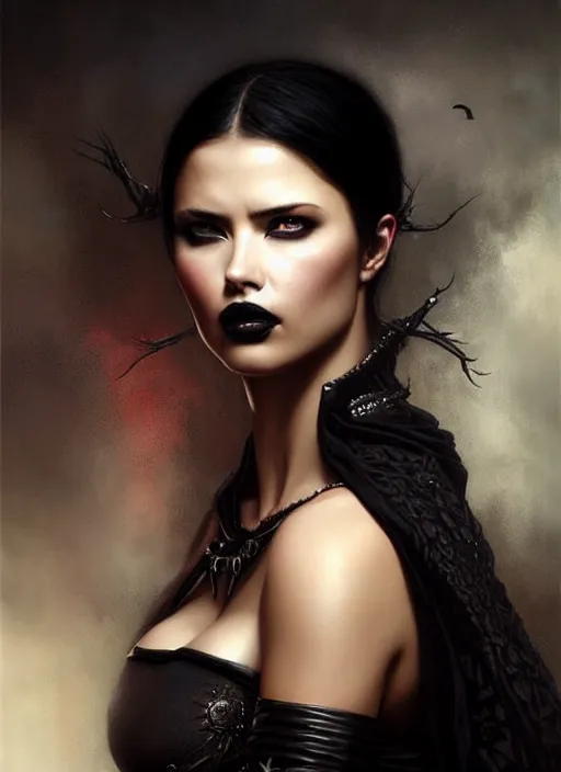 Prompt: a beautiful woman with gothic dress, adriana lima, painted by artgerm and tom bagshaw, by rembrandt fantasy art, dramatic lighting, highly detailed oil painting