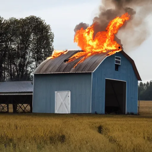 Image similar to a small barn engulfed in flames
