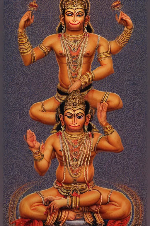 Prompt: a full body portrait of a beautiful ornated hanuman god, arms pointing up!!!, meditative sacral pose, hindu stages of meditation, intricate, elegant, highly detailed, line art!!!!!!!, artstation, concept art, smooth, sharp focus, illustration, art by krenz cushart and artem demura and alphonse mucha