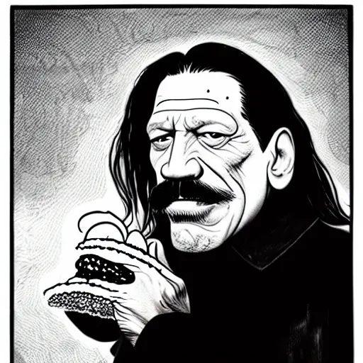 Prompt: danny trejo eating a hamburger by franklin booth