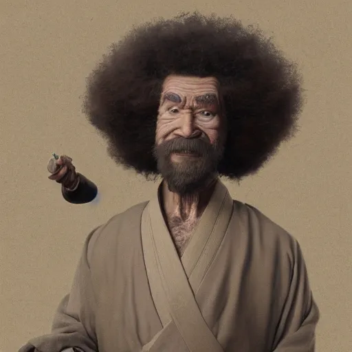 Image similar to an ultra detailed matte painting of bob ross smoking a pipe and dressed as a wandering ronin samurai, edo japan, concept art by jeong seon and alphonse mucha and greg rutkowski, octane render, 8 k, detailed face