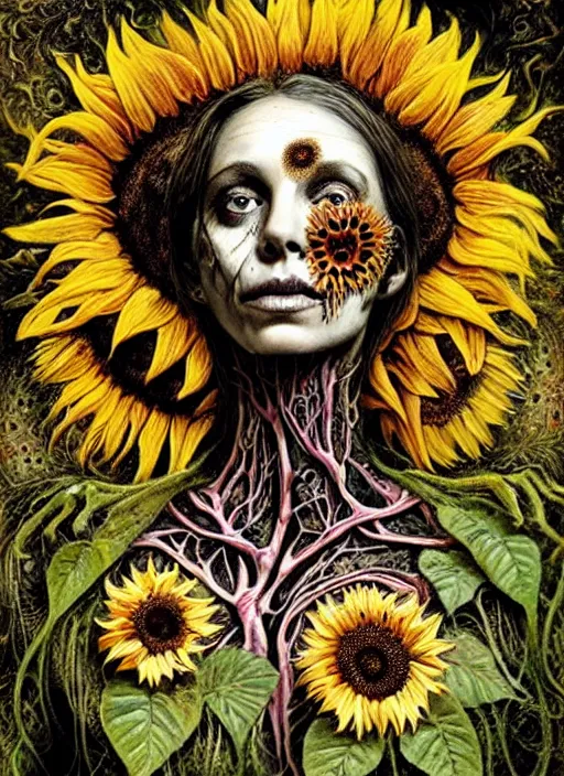 Image similar to beautiful and detailed rotten woman corpse with fractal plants and fractal sunflowers growing around, muscles, veins, arteries, intricate, organs, ornate, surreal, john constable, guy denning, dan hillier