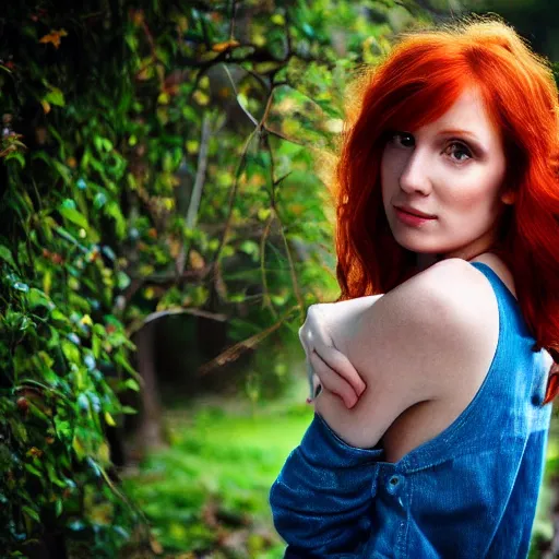 Prompt: very beautiful redhead woman looking back over her shoulder, eye contact