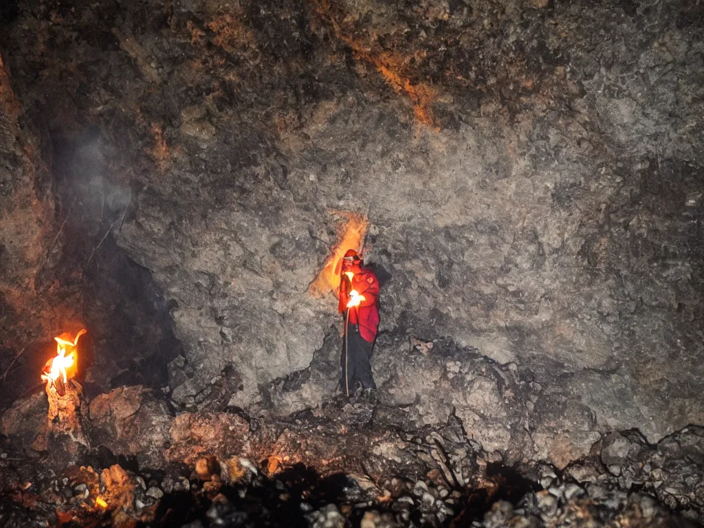 Image similar to one man with torch bringing fire into cave in darkness