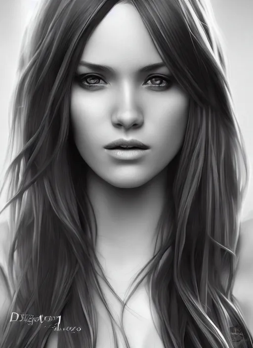 Image similar to full body portrait of a beautiful woman in black and white, photorealistic, hair down to waist, art by diego fazio and diegoKoi and artgerm, concept art, hyper sharp focus, 8k highly detailed