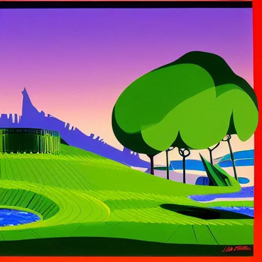 Prompt: beautiful painting of green hill zone from sonic the hedgehog painted by eyvind earle, 1 9 5 0 s, gouache on paper, high quality, vivid colors