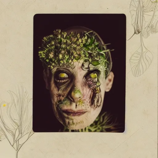 Image similar to a beautiful detailed front view portrait of a rotten woman corpse with plants and fractal flowers growing around, volumetric light, beautiful lit, polaroid photography