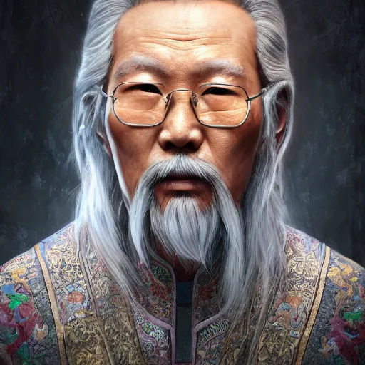 Image similar to portrait painting of a 6 0 year old handsome chinese taoist priest, like liangchao wei, silver hair, amiable by wenjun lin, irakli nadar, bright colors, octopath traveler, wenjun lin, unreal engine 5 highly rendered, global illumination, radiant light, detailed and intricate environment