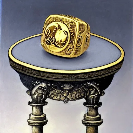 Image similar to in the center lays an ancient chromed artifact in the shape of a heavy signet ring, ornate with gentle shine from within. the ring lays on top of a marbled pedestal. the pedestal is in front of a dark misty balcony at night perspective from the side. realistic light and shadows. moody fantasy art, table still life renaissance pastel painting.