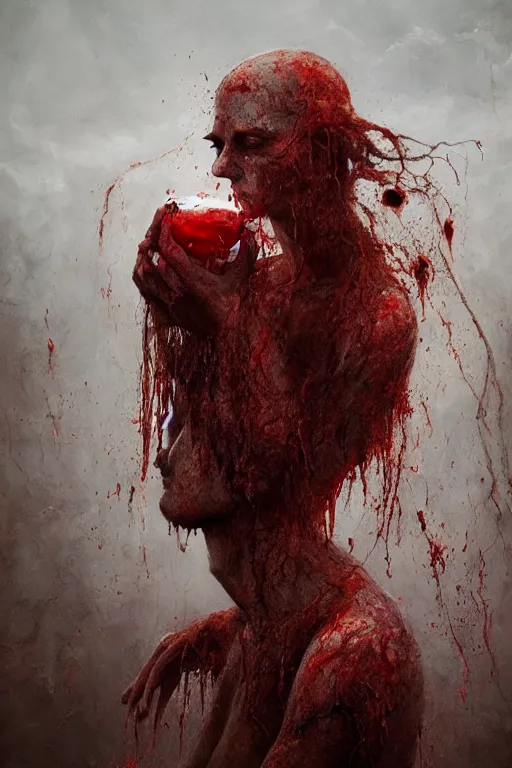 Prompt: a hiper intricate oil portrait of a ghost godess eating blood, excelent composition, wide shot, by zdzislaw beksinski, intricate, horror atmosphere, unreal engine 5 highly rendered, global illumination