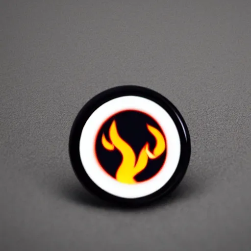 Image similar to an award - winning photo of minimalistic clean fire flames warning label enamel pin, beautiful cinematic light, behance