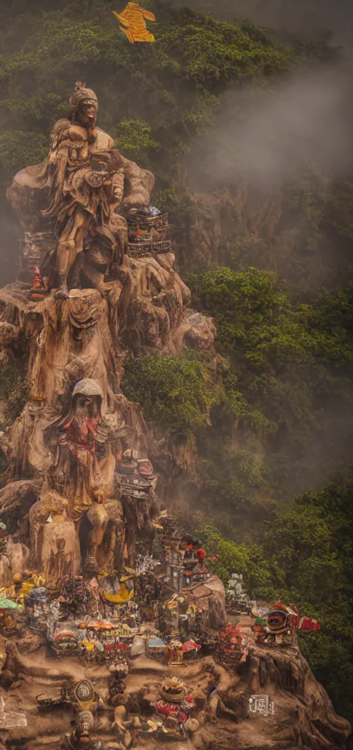 Image similar to an 8 0 mm color macro hi def picture of the angel of death hovering above kunlao village. everything is of the second level on the isle of kun lao. turtles. hot dogs. ancient statues. volumetric lighting with picoso hotdogs. atmospheric. scary fog national geographic.