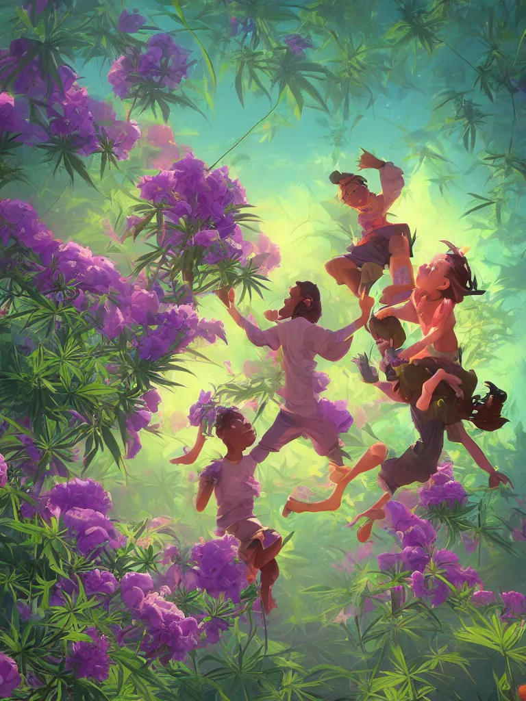 Image similar to kids dunks with green purple flowers of marijuana hemp cannabis, behance hd by jesper ejsing, by rhads, makoto shinkai and lois van baarle, ilya kuvshinov, rossdraws global illumination, golden ratio, symmetrical beauty face