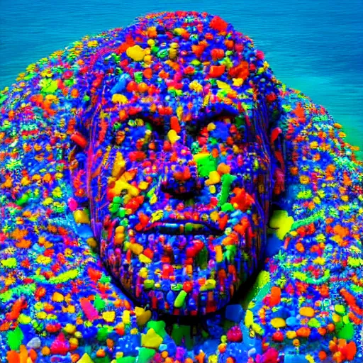 Image similar to a giant human head sculpture made out of thousands of small gummy bears placed on the surface of the ocean, in the style of chad knight, long shot, hyper detailed, hyper realistic, ray tracing, 8 k resolution, sharp focus, realistic water, award winning