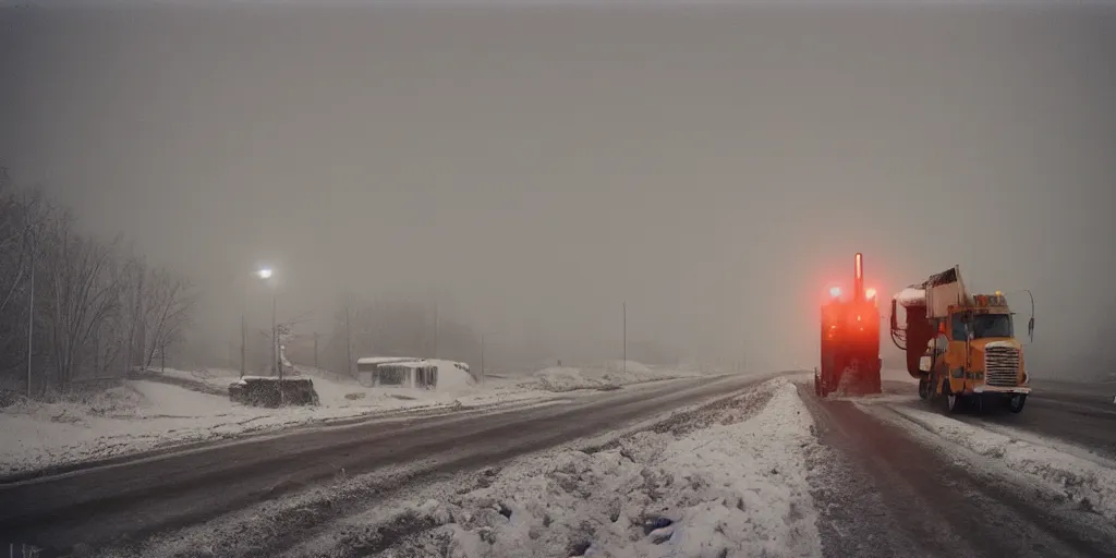 Image similar to photo, big snow plow truck is in the distance with a bright headlighta. cold color temperature, snow storm. hazy atmosphere. humidity haze. kodak ektachrome, greenish expired film, award winning, low contrast,