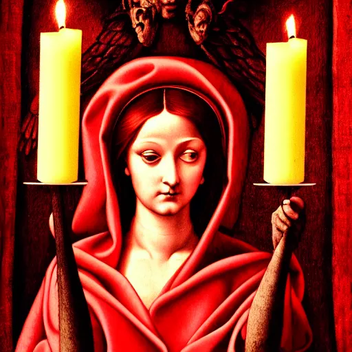 Image similar to close up portrait of the goddess of blood in silk robes of blood, cultists watching, red hoods, candle lights, renaissance, baroque, gothic, high detail, dark lighting, atmospheric, extremely detailed, intricate, da vinci, michelangelo, caravaggio, 8 k