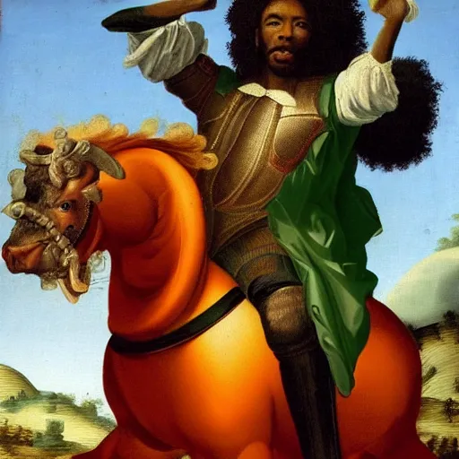 Image similar to black man with afro hair wearing an army green cloak, riding!!! an orange!! bull!!!, renaissance style painting